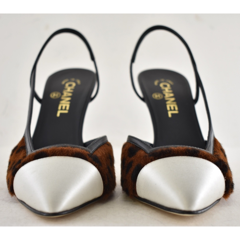 Chanel 26A Brown Leopard Black White Sling CC Gold Logo Slingback Heel Pump 37.5 - Picture 12 of 16